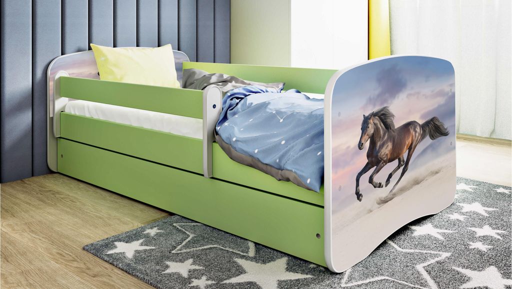 Kinderbett Jugendbett Pferd im Galopp 70x140, 80x160, 80x180 cm - Komplettset mit Matratze, Schublade & Rausfallschutz