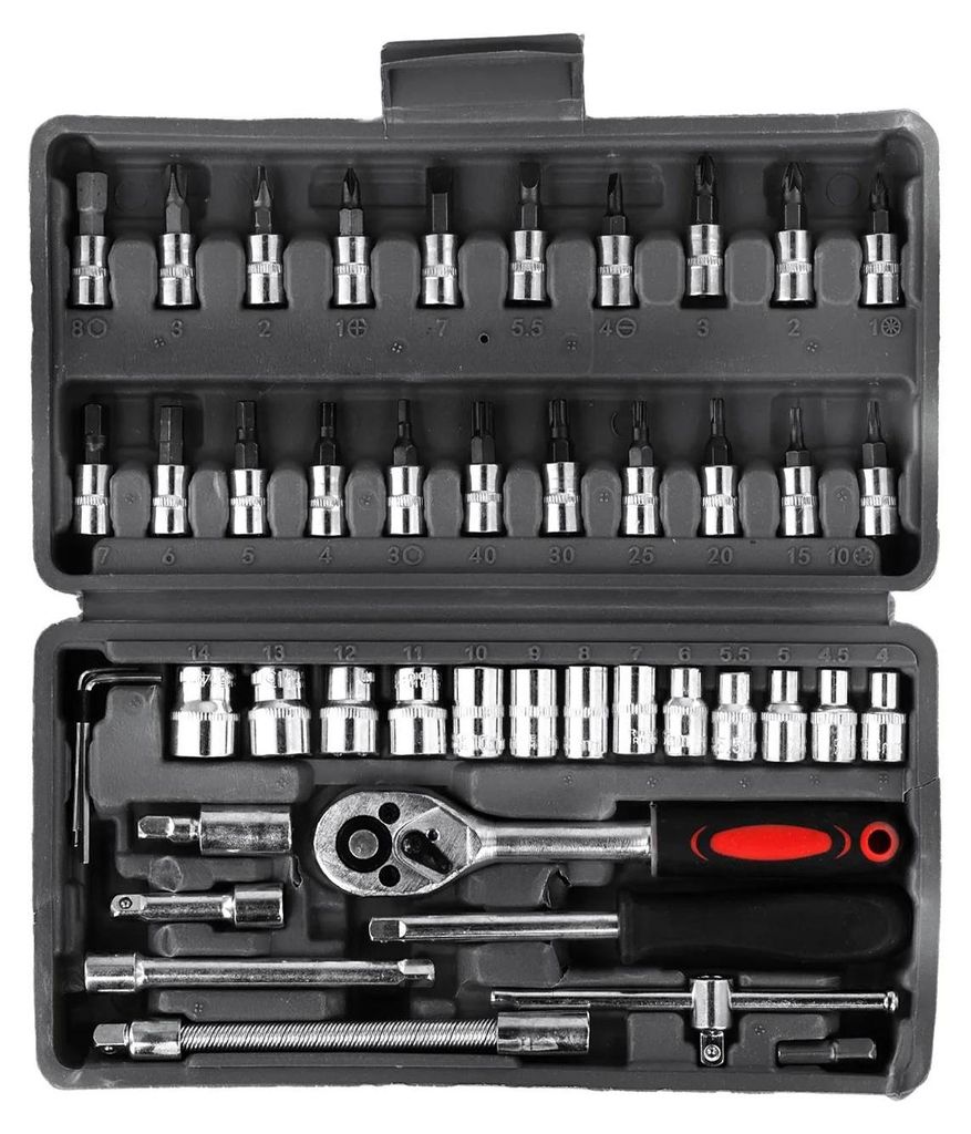 Kfz-Werkzeugset - Mechaniker-Werkzeugkoffer - 46-teiliges Steckschlüssel-Set - Ratsche - Ratschenschraubendreher - Nüsse und Bits - für Autorepa...