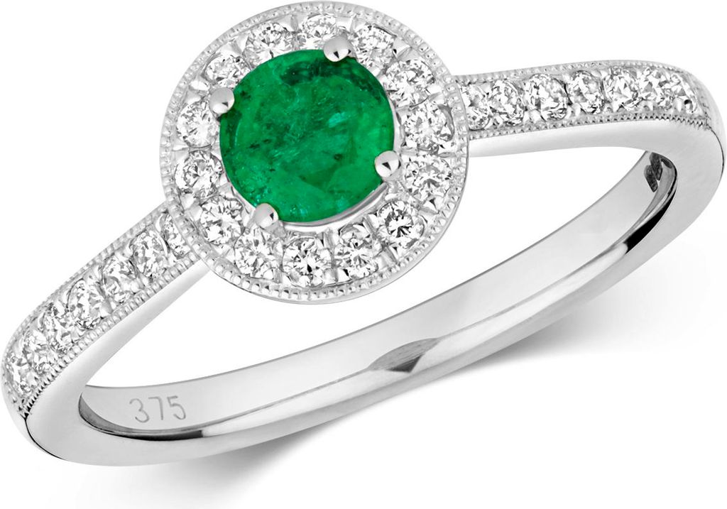 Funkelndes Feuer Schöner 9 Karat (375) Weißgold Cluster Diamantring Brillant-Schliff 0.25 Karat HI - I1 mit Smaragd, 51 (16.2); TRS292419KWRSL