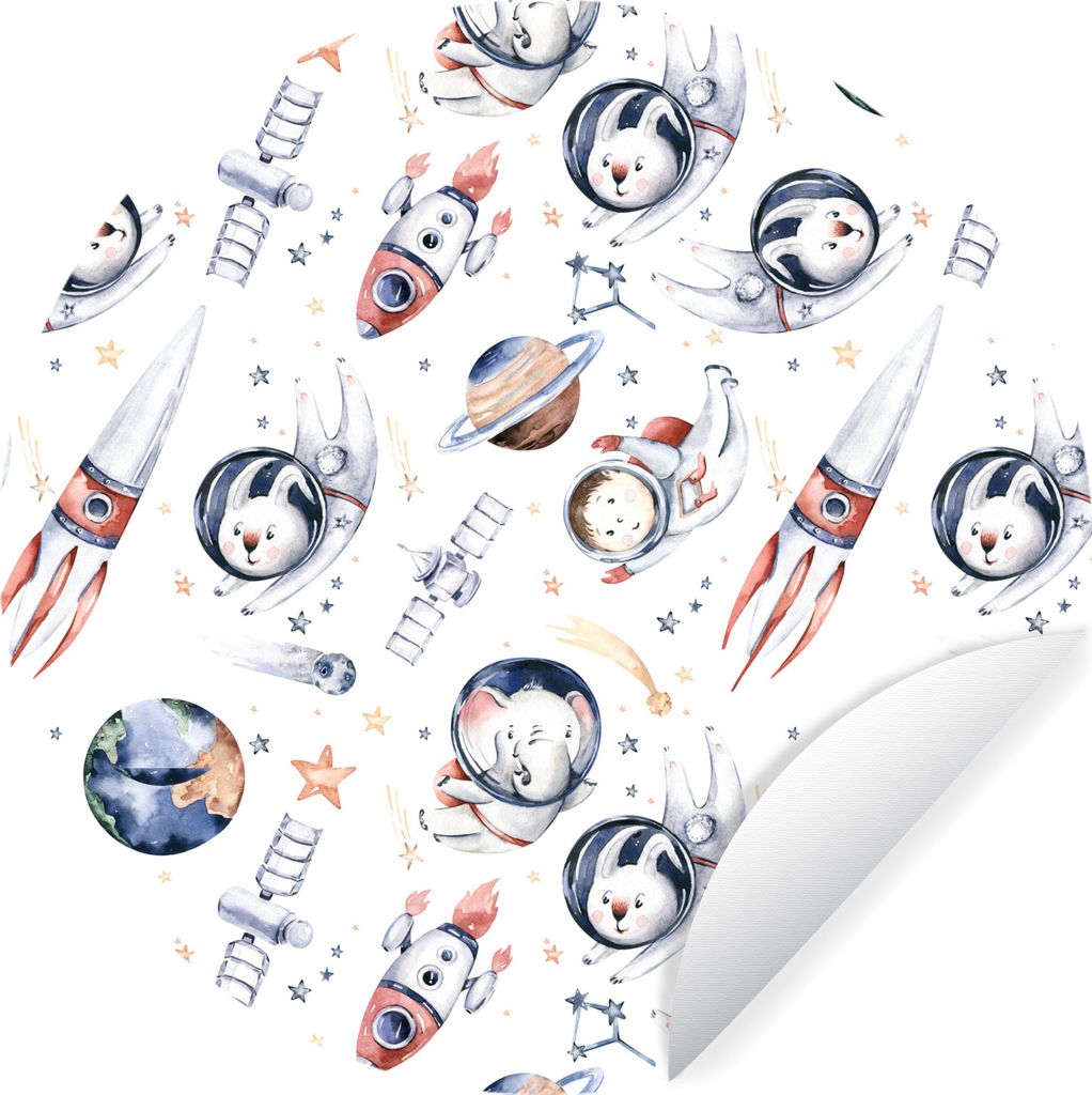 MuchoWow Runde Wandtattoo - Wandsticker Tapete Aufkleber Muster - Tiere - Rakete - Jungen - Kinder - Mädchen Ø 30 cm Selbstklebend und Repositi...