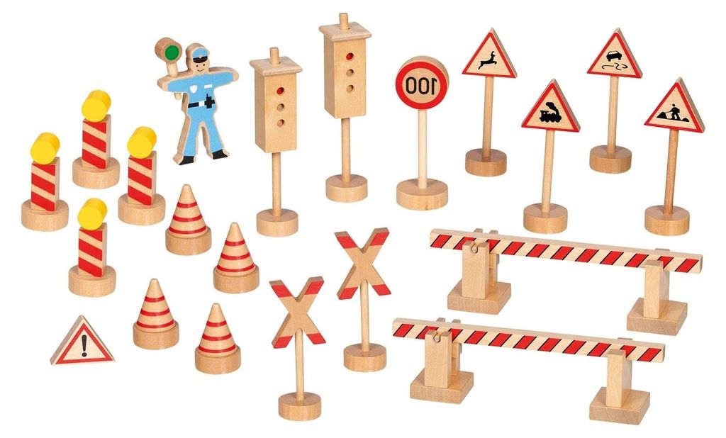 Verkehrszeichenset Polizist Ole – 21-teiliges Holzspielset mit Verkehrsschildern, Schranken, Leitkegeln und Verkehrspolizist