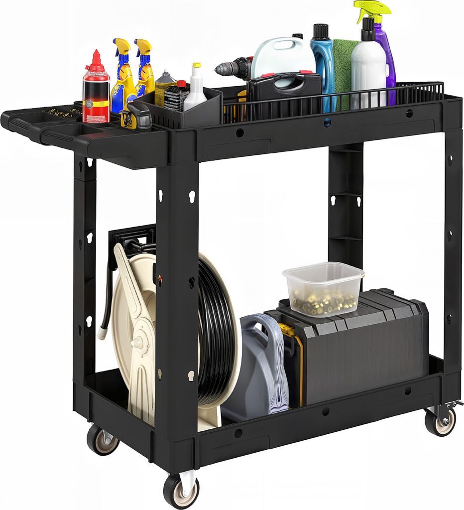 A black utility cart with two shelves, filled with various cleaning supplies and equipment.