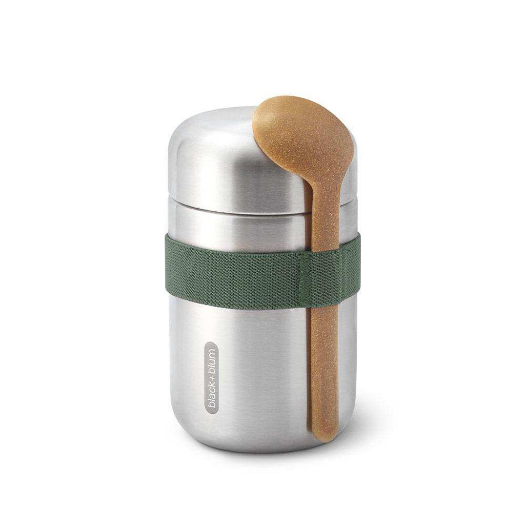 A silver food flask with a green band and a brown spoon attached.