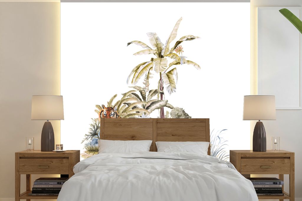 MuchoWow Fototapete für Wohnzimmer oder Schlafzimmer Wandtapete Vinyl Motivtapete Tiger - Pflanzen - Malerei - 350x350 cm - Schlafzimmertapete