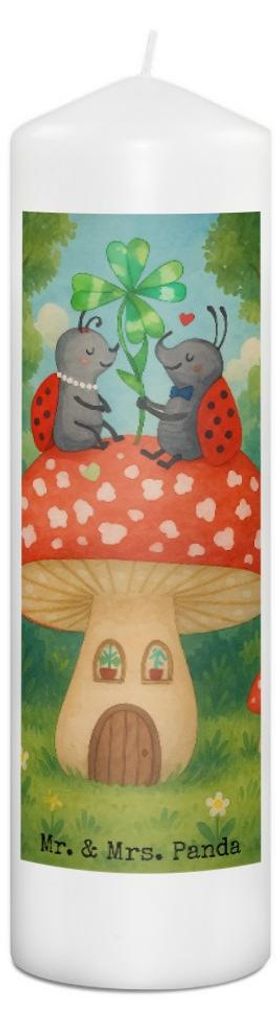Mr. & Mrs. Panda Kerze Marienkäfer Fliegenpilz Design 29 x 8 cm XL - Weiß - Geschenk, Erinnerungskerze, Blockkerze, Haus, Wachskerze, Bedruckte, ...