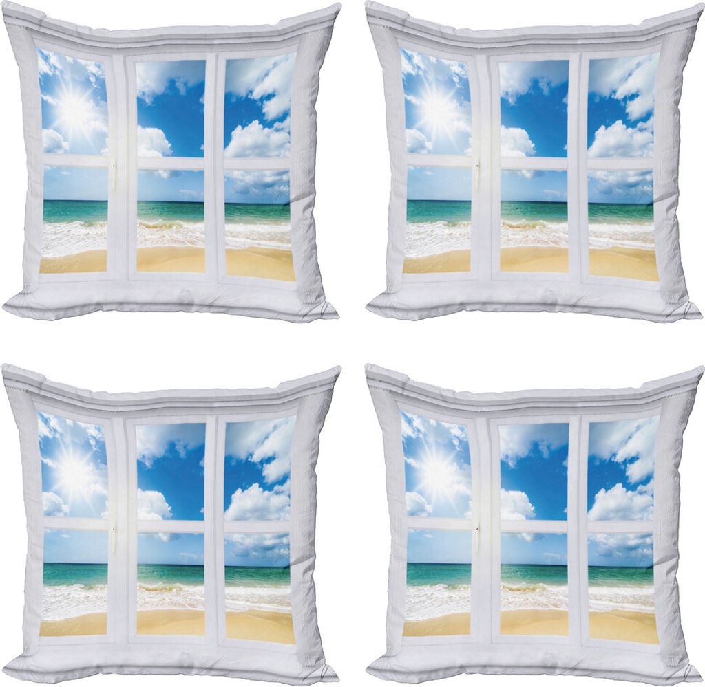 ABAKUHAUS Strand Kissenbezug Set (4 Stück), Ocean View Vivid Sun, Moderner Doppelseitiger Digitaldruck, 50 cm x 50 cm, Blau Teal Sand Brown