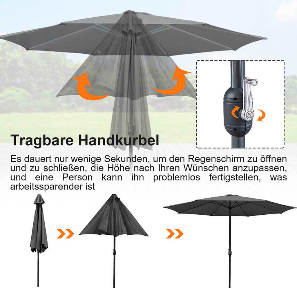 Jiubiaz 2.7m Sonnenschirm UV40+ Neigbar Sonnenschutz Gartenschirm Strandschirm,Grau