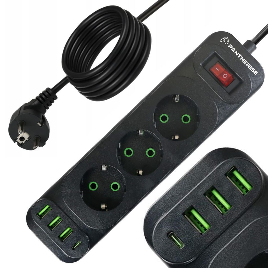 Pantherise Steckdosenleiste 3 Steckdosen 3x USB-A 1x USB-C Kabel 5m 250V