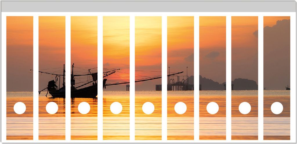 Wallario Ordnerrücken Sticker, selbstklebend für breite Ordner, 9 Stück, Motiv Thailändisches Fischerboot vor Sonnenuntergang
