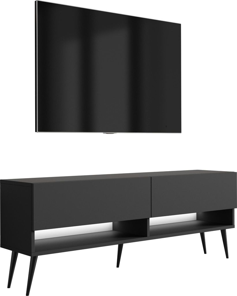 TV-Lowboard 140 cm Mattschwarz, schwarze schräge Beine, weiße LED, 140 × 32 × 52 cm