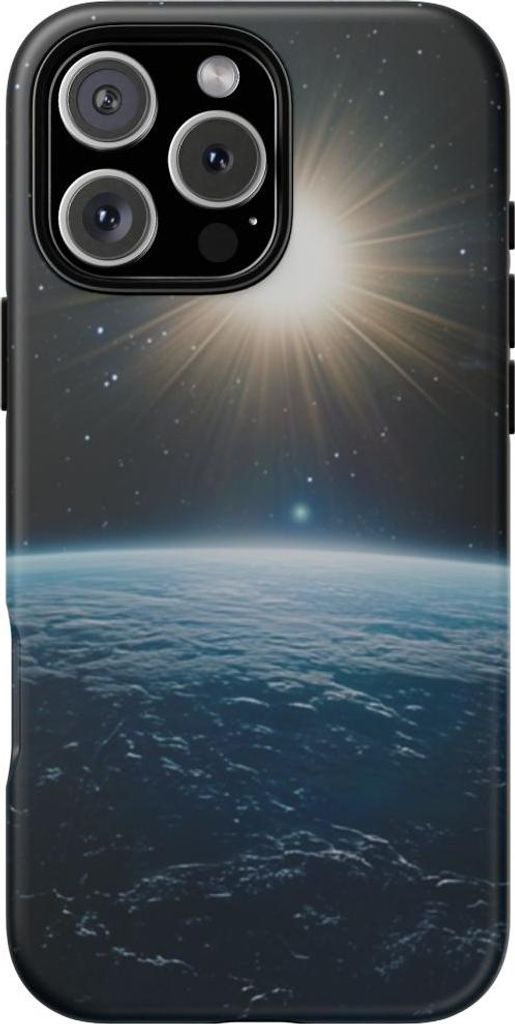 Blauer Planetenhorizont mit strahlender Sonne und Sternen – Hülle Kompatibel mit iPhone 16 Pro Max