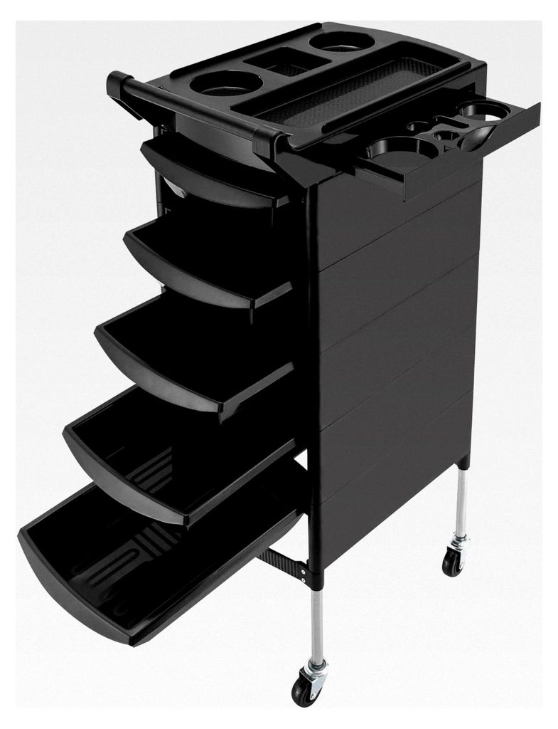 Friseurwagen mit 5 Schubladen und Rollen, drehbarer Bedienungswagen, Beauty Salon Trolley, Rollwagen, Friseur Zubehör, 45 x 52 x 90 cm, (Schwarz)
