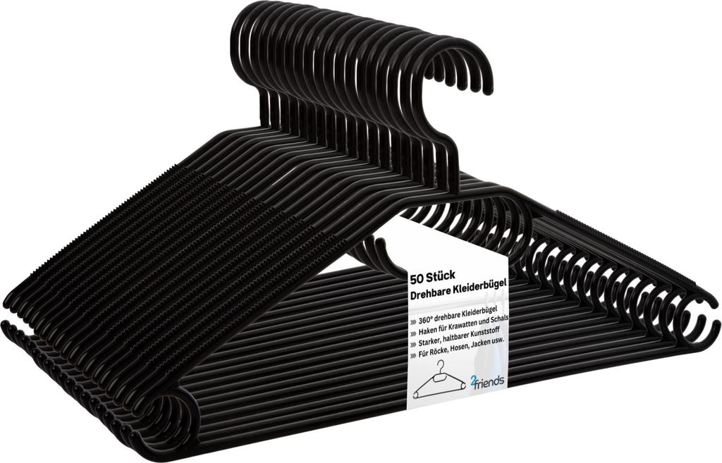 Schwarze Kleiderbügel 50 Stück mit drehbarem Haken, Produktbild 