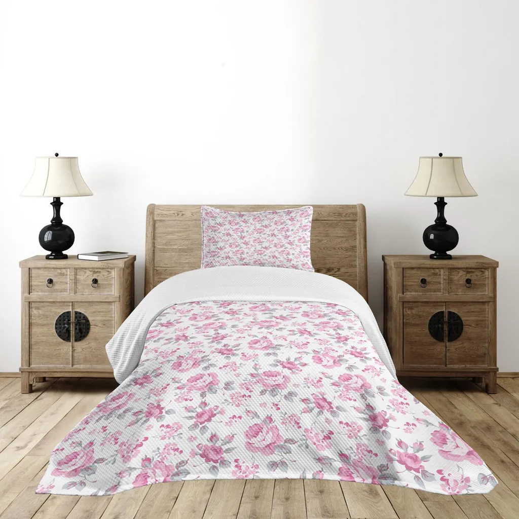 Set copriletto ABAKUHAUS Shabby Flora, rose rosa con foglie grigie, piante da giardino, fiori primaverili, 170 x 220 cm, rosa pallido, bianco, grigio