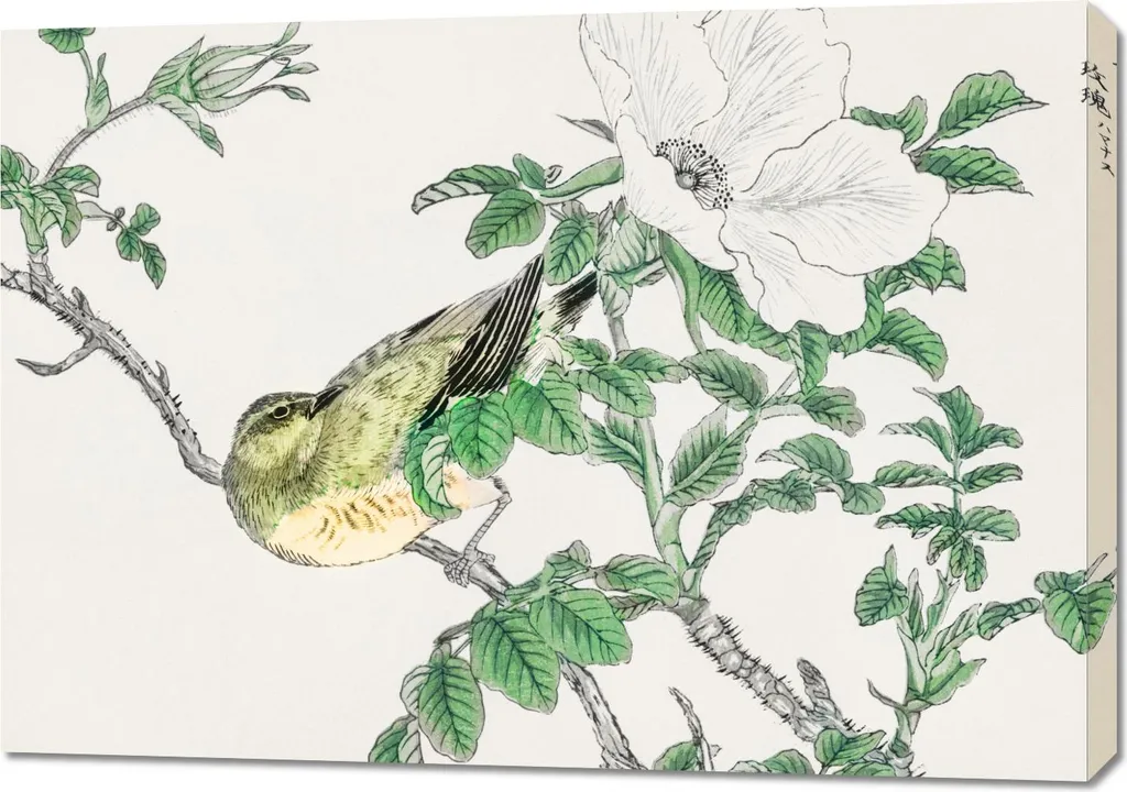 Tableau 100 x 70 cm Bulbul et Rosa - Kashu Japonais Vintage pour Salon