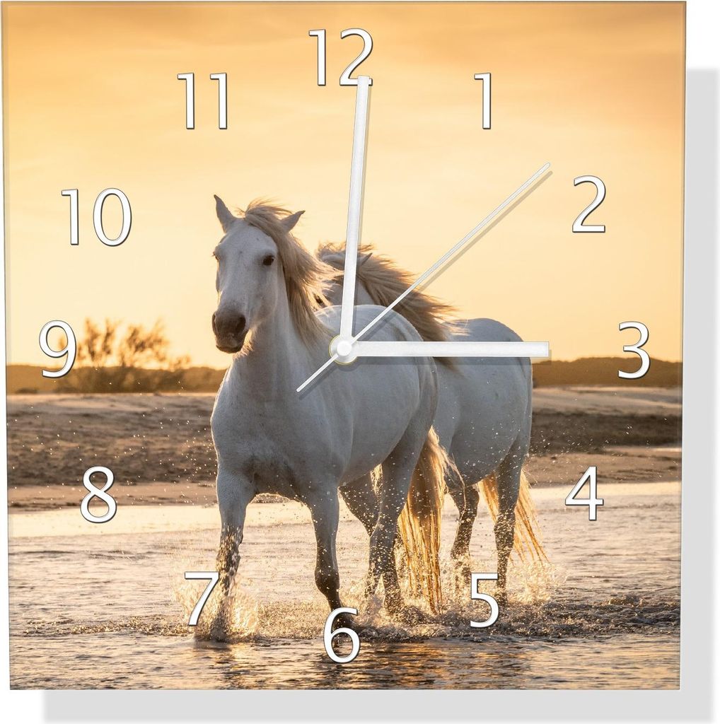 Wallario Design Wanduhr Pferde im Abendlicht aus Echtglas, Größe 30 x 30 cm