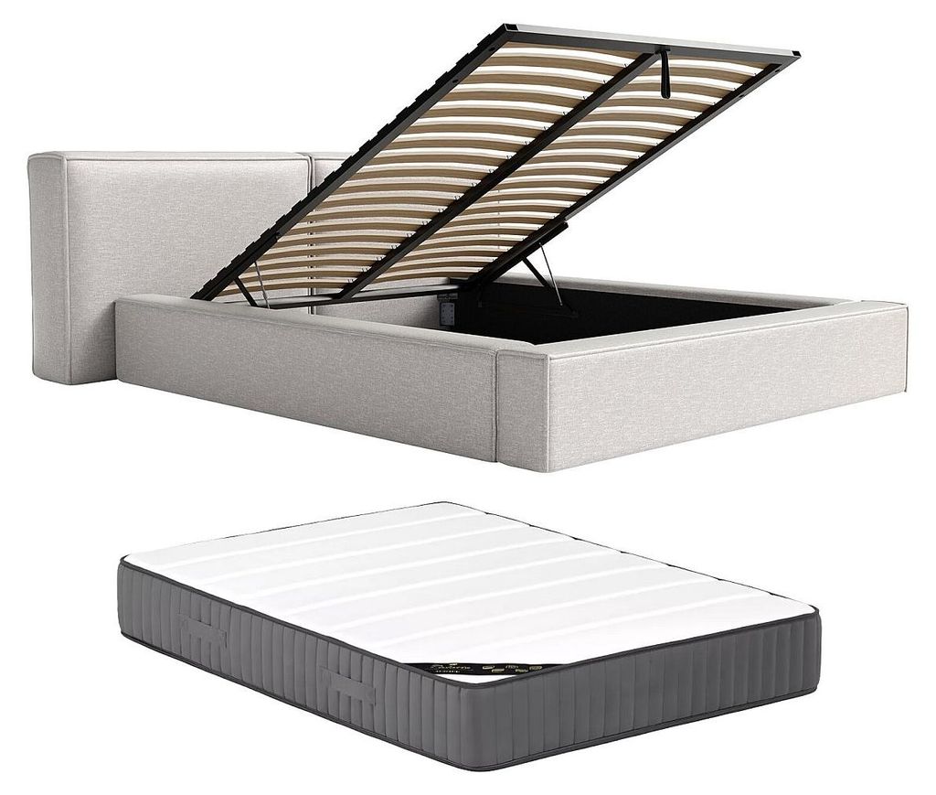 Bett mit Box 140 x 190 cm - Stoff - Hellgrau + Matratze - TIMANO Pascala Morabito