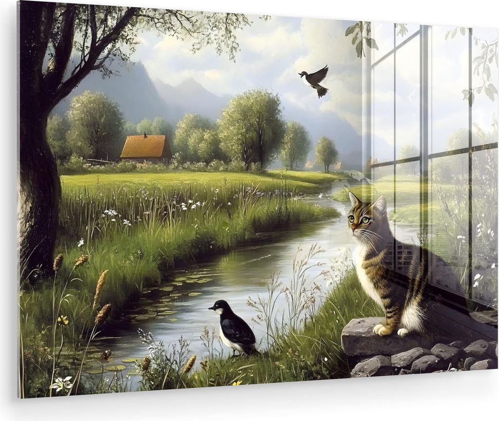 MuchoWow Glasbilder - Bilder auf Wandbild - Foto auf Glas Katze - Bach - Wiese 60x40 cm Wanddekoration aus Glas - Acrylglasbild - Acrylbilder - Gla...