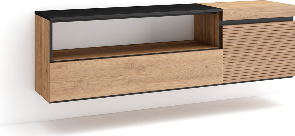 TV-Schrank, Lowboard, 150x35x45cm, Für TV-Geräte bis zu 65", Hängend, Eiche