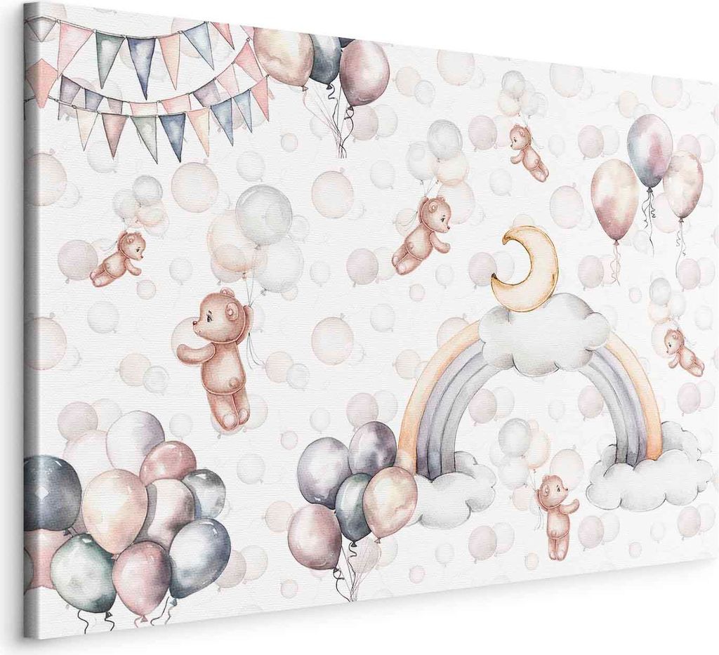 Italienischer Leinwand Leinwandbild - Toy Bears with Balloons - Flying Plush Bears Among Balloons Clouds and Rainbows in Subtle Pastel Hues 90x60 c...