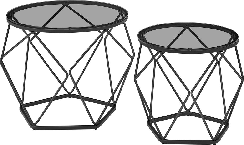 Two black metal side tables with round glass tops are shown against a white background.