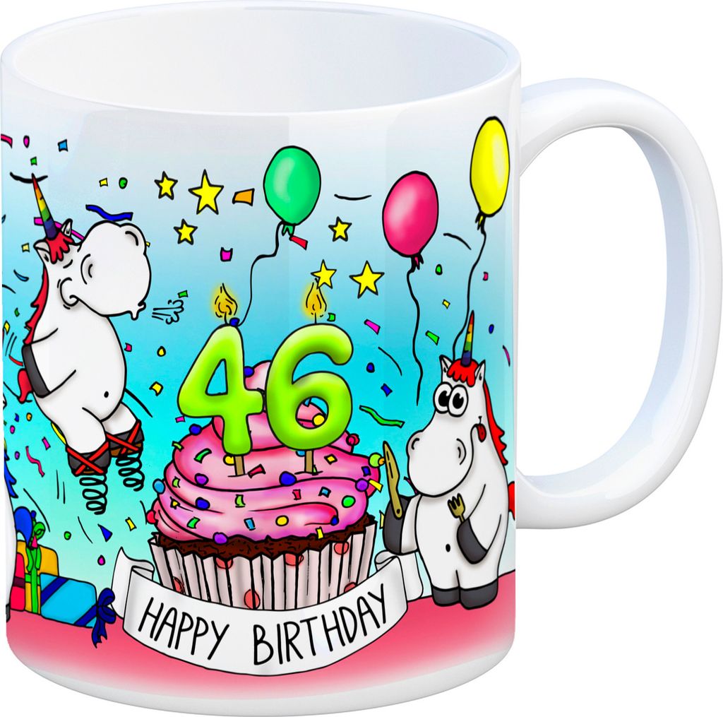Honeycorns Tasse zum 46. Geburtstag mit Muffin und Einhorn Party Kaffeebecher