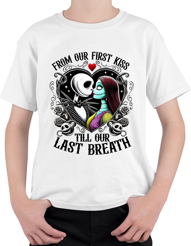 Jack Sally From Our First Kiss Till Our Last Breath Halloween Uni Kinder T-Shirt, Weiß, 128