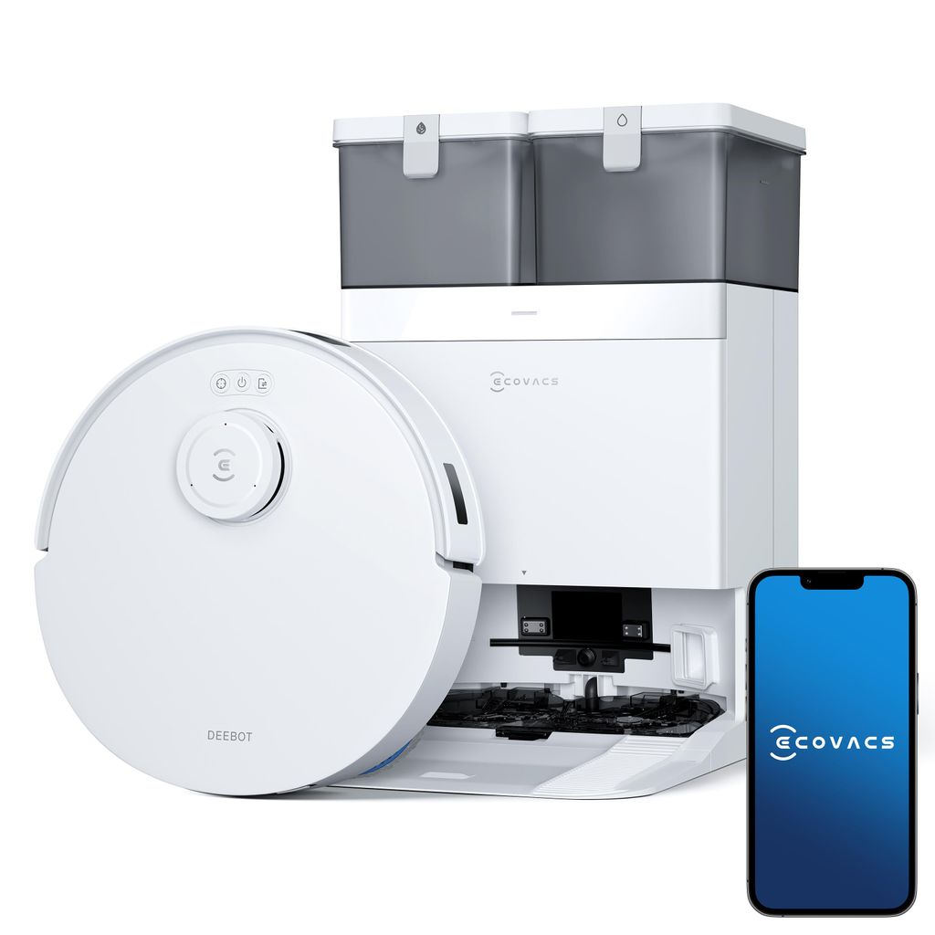 A white robot vacuum cleaner and its charging/emptying station are displayed on a white background, alongside a smartphone showing the brand's logo.