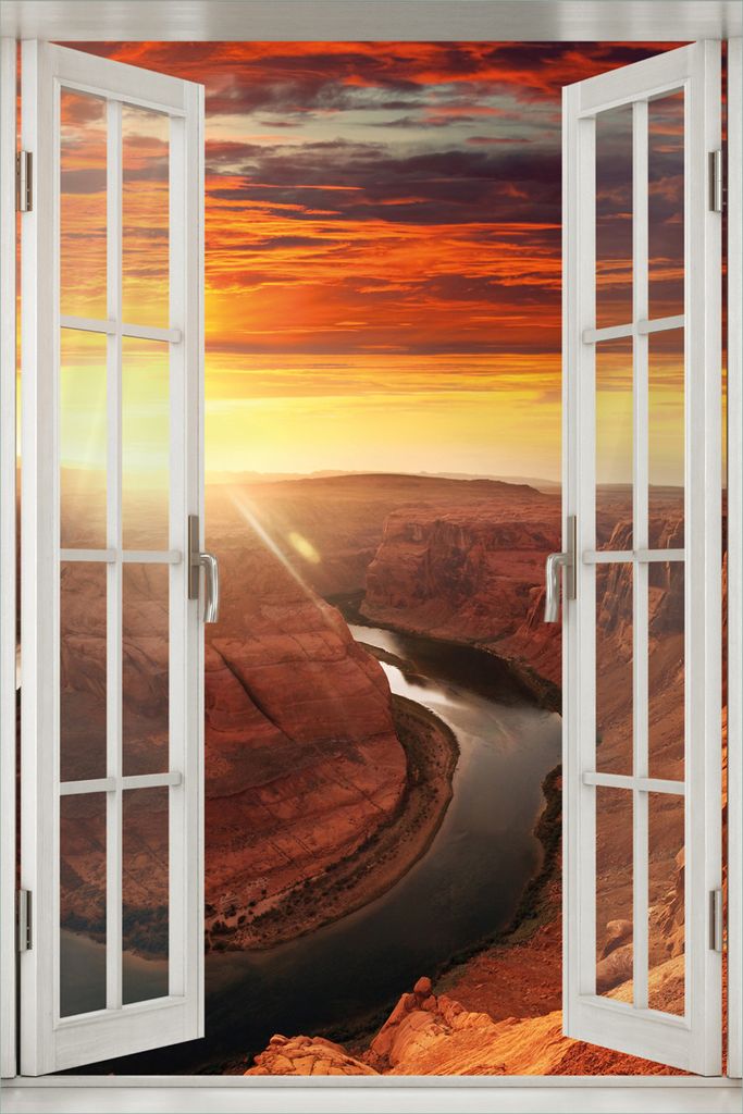 Wallario Wandbild aus Acryl, 60 x 90 cm, freischwebende Optik - Grand Canyon bei Sonnenuntergang mit Fenster-Illusion