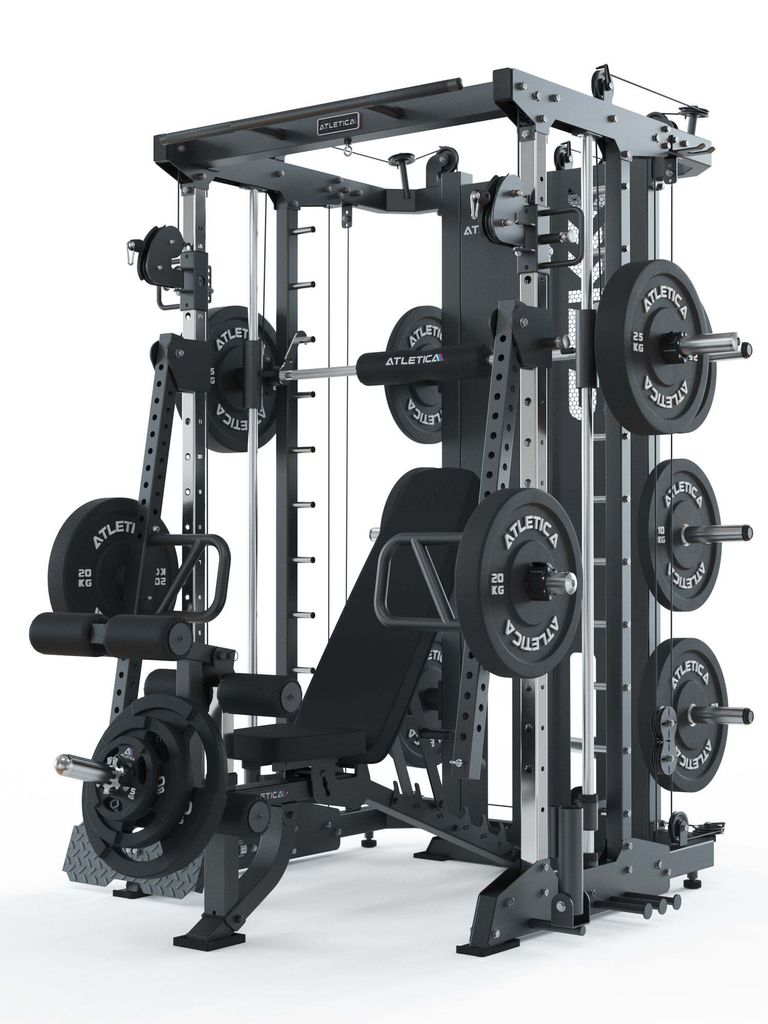 ATLETICA SEK Multipresse Set | FULLFORCE | Set mit Jammer Arms & Leg Press, B2 Hantelbank mit Anbauteilen, Delta Langhantel & 150 kg Bumper Plates