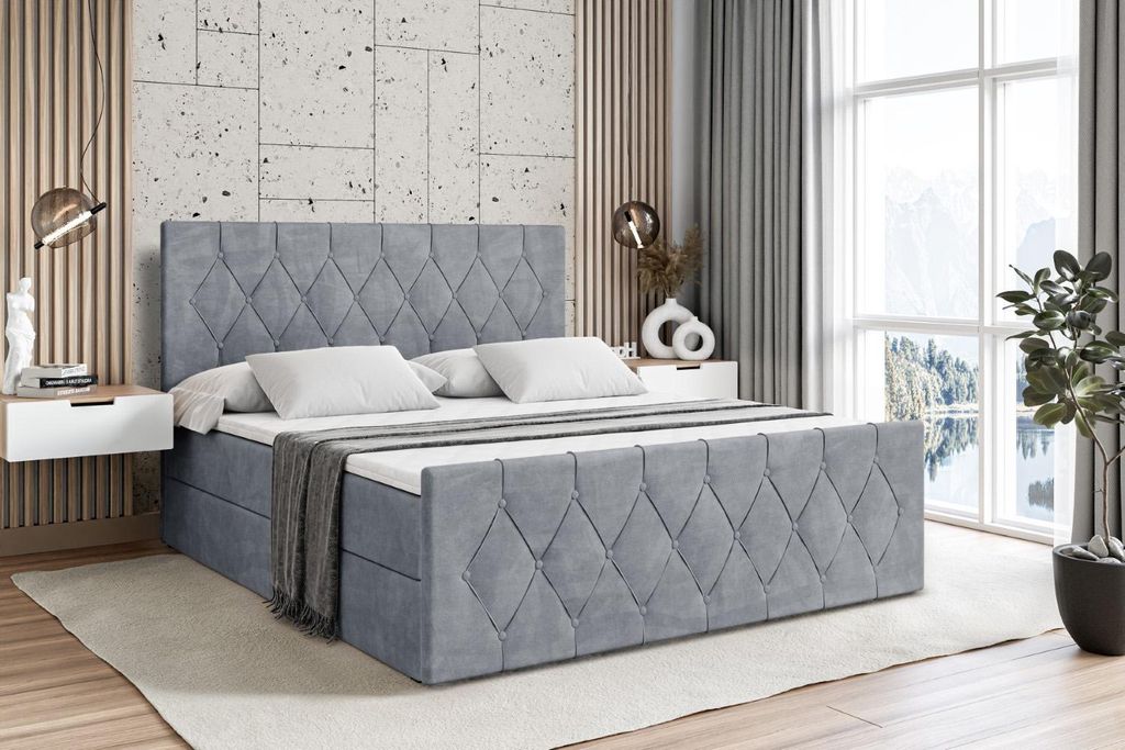 ALTDECOR Boxspringbett mit Matratze und Lattenrost - - VELANTO - 140x200 cm - Grau Samt - Boxbett, Fußteil, Topper, Polsterbett mit Bettkasten, Be...