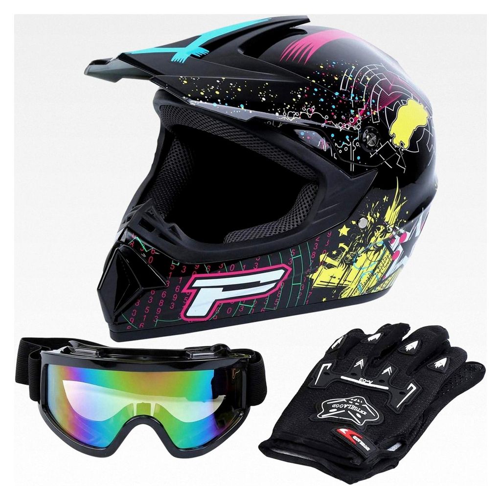 Samger DOT Erwachsenen Offroad-Helm Motocross-Helm Dirt Bike ATV Motorradhelm mit Handschuhen und Brille (Schwarz, M)