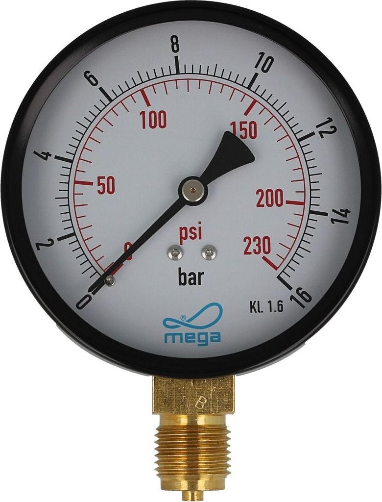 MEGA Druckmanometer 0 - 16 bar - 1/2 Zoll Anschluss nach unten Radial Ø 100 mm