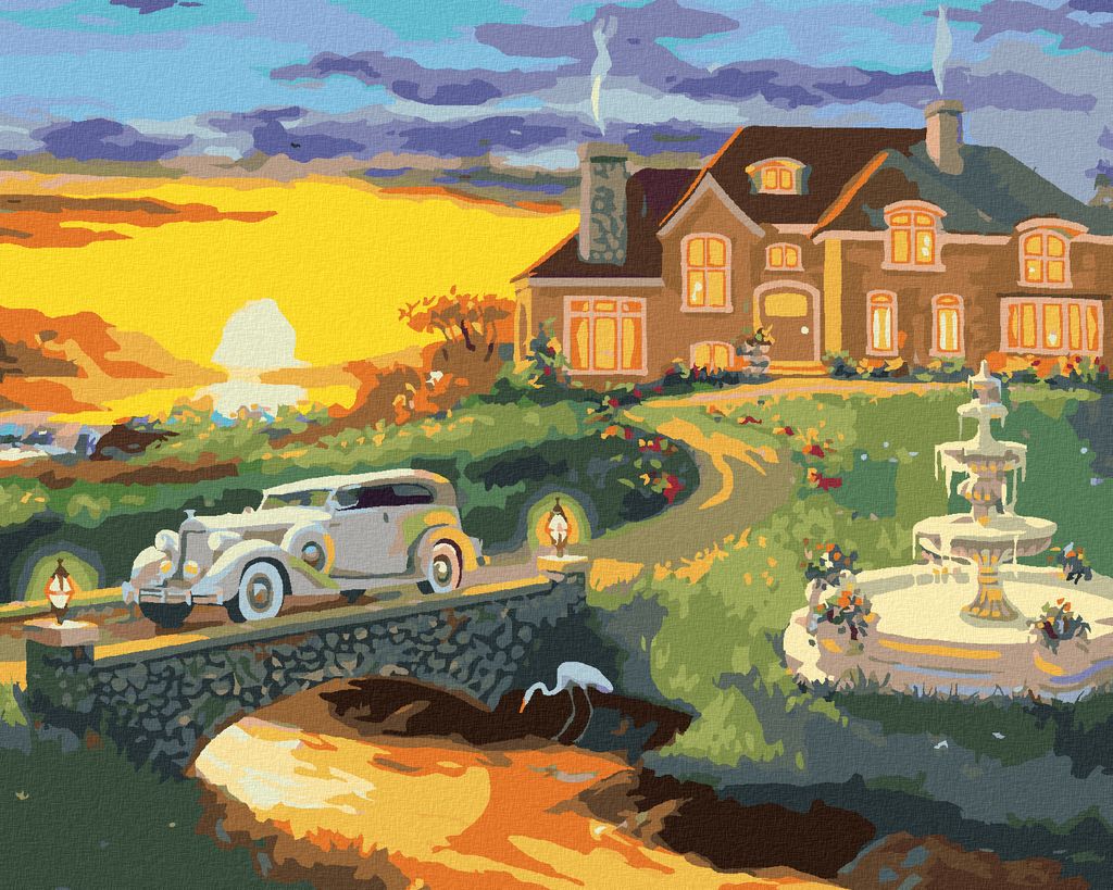 Zuty - Malen nach Zahlen - WEISSES AUTO BEIM WEGFAHREN VOM HAUS UND SONNENUNTERGANG (D. RUSTY RUST), 40x50 cm, ohne Keilrahmen