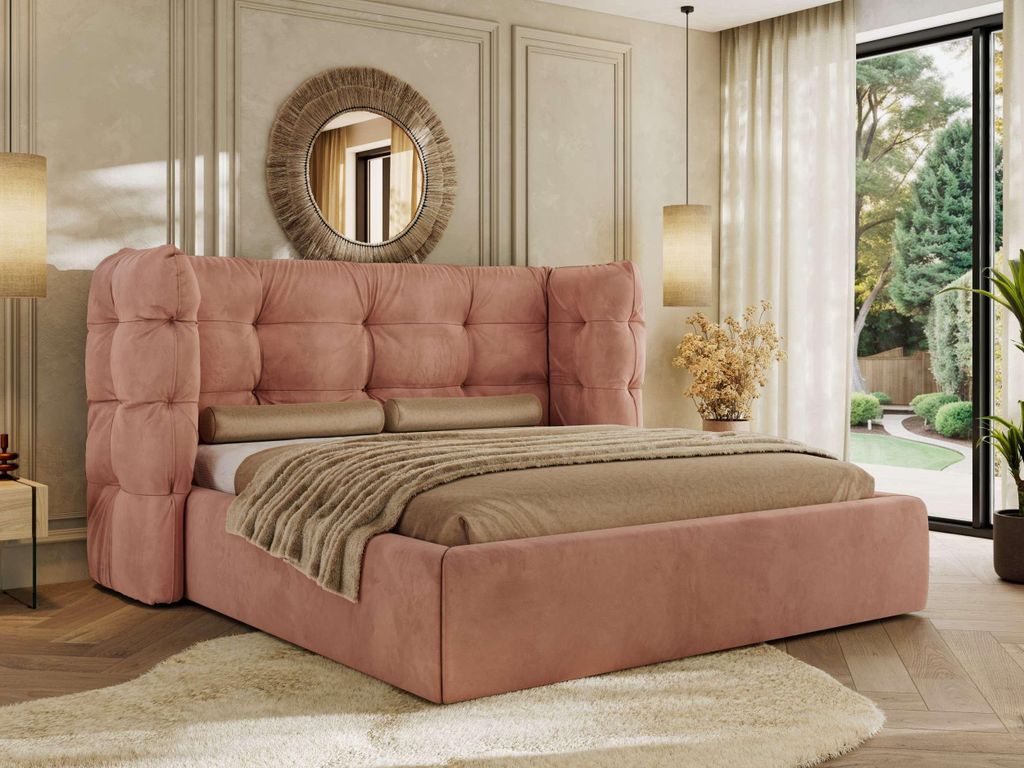 MKS MEBLE Polsterbett FLONELLE CLASSIC mit Bettkasten & Stauraum 140 x 200 cm , Inkl. Lattenrost, Gestepptes Kopfteil, Metall-Hebeautomat - Rosa Ve...