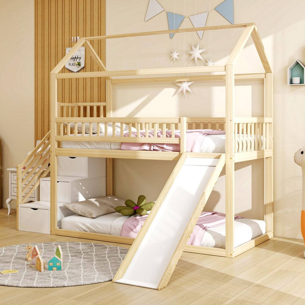 STILVORA Hochbett 90x200 mit Rutsche&Stauraumleiter,Bettgestell mit hohe Zaunkonstruktion,Jugendbett mit Lattenrost,ohne Matratze,Holzfarbe