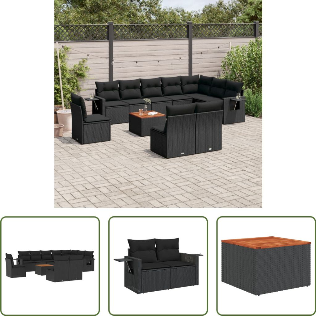 The Living Store 11-tlg. Garten-Sofagarnitur mit Kissen Schwarz Poly Rattan