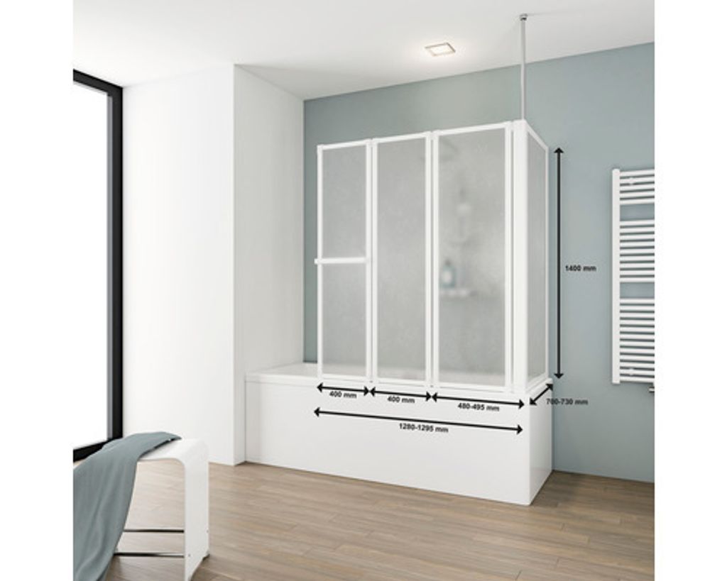 A shower enclosure installed over a bathtub in a modern bathroom.