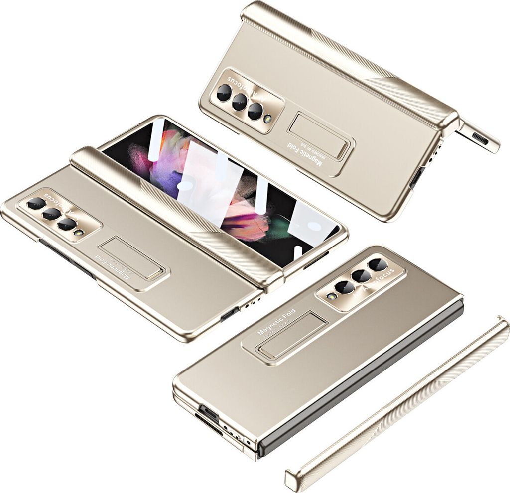 Galaxy Z Fold4 Hülle, Magnet Scharnierschutz mit Objektivschutz, Displayschutz, Überzug PC Schutzhülle für Samsung Galaxy Z Fold 4 5G Gold
