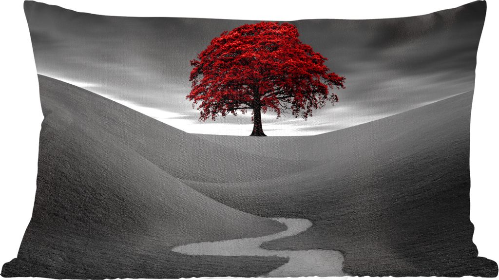 MuchoWow Zierkissen Sofakissen Wohnzimmer Dekokissen 60x40 cm Schwarz-Weiß-Foto mit einem roten Baum - Kopfkissen - Polster mit Foto