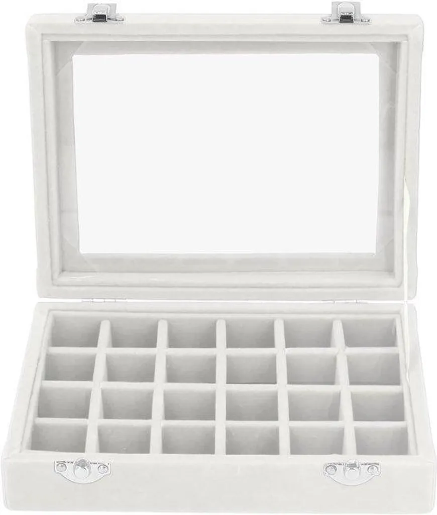 Coffret bijoux anti-nœuds 24 cases velours blanc couvercle vitré