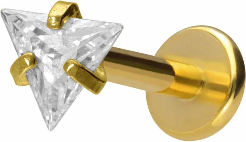 Ohrpiercing, Nasenpiercing Titan Labret mit Innengewinde EINGEFASSTES KRISTALLDREIECK Gold Stablänge: 6mm | Stabstärke: 1,2mm