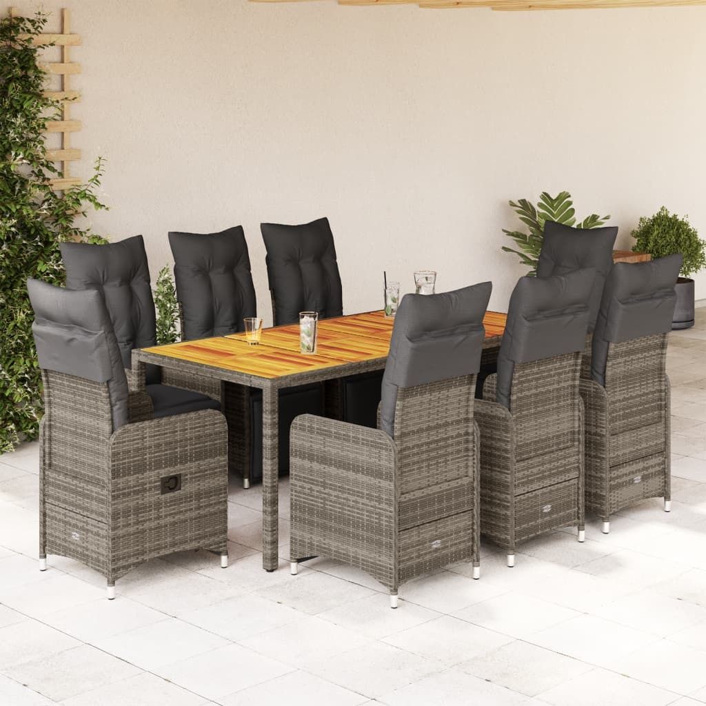 Design 9-tlg. Garten-Bistro-Set mit Kissen Grau Poly Rattan, Gartenmöbel-Sets 2024 Neu