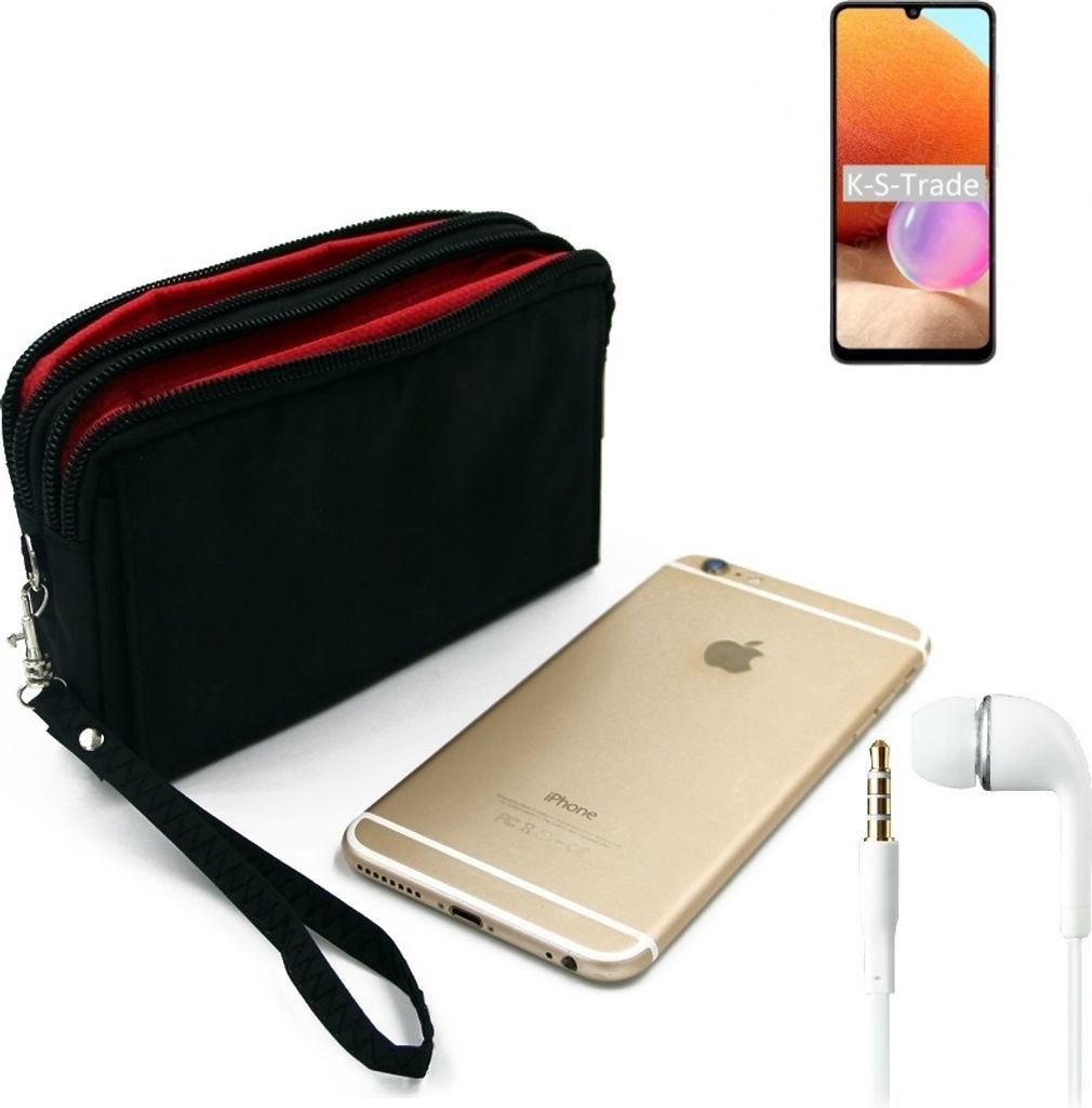 TOP SET kompatibel mit Samsung Galaxy A32 Gürteltasche schwarz + Kopfhörer Travel Bag Travel-Case mit Diebstahlschutz praktische Schutz-Hülle