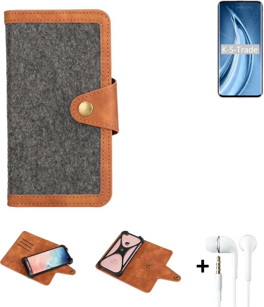K-S-Trade Handyhülle + Kopfhörer kompatibel mit Xiaomi Mi 10s Schutzhülle Filzhülle Kunstleder dunkelgrau braun (1x)