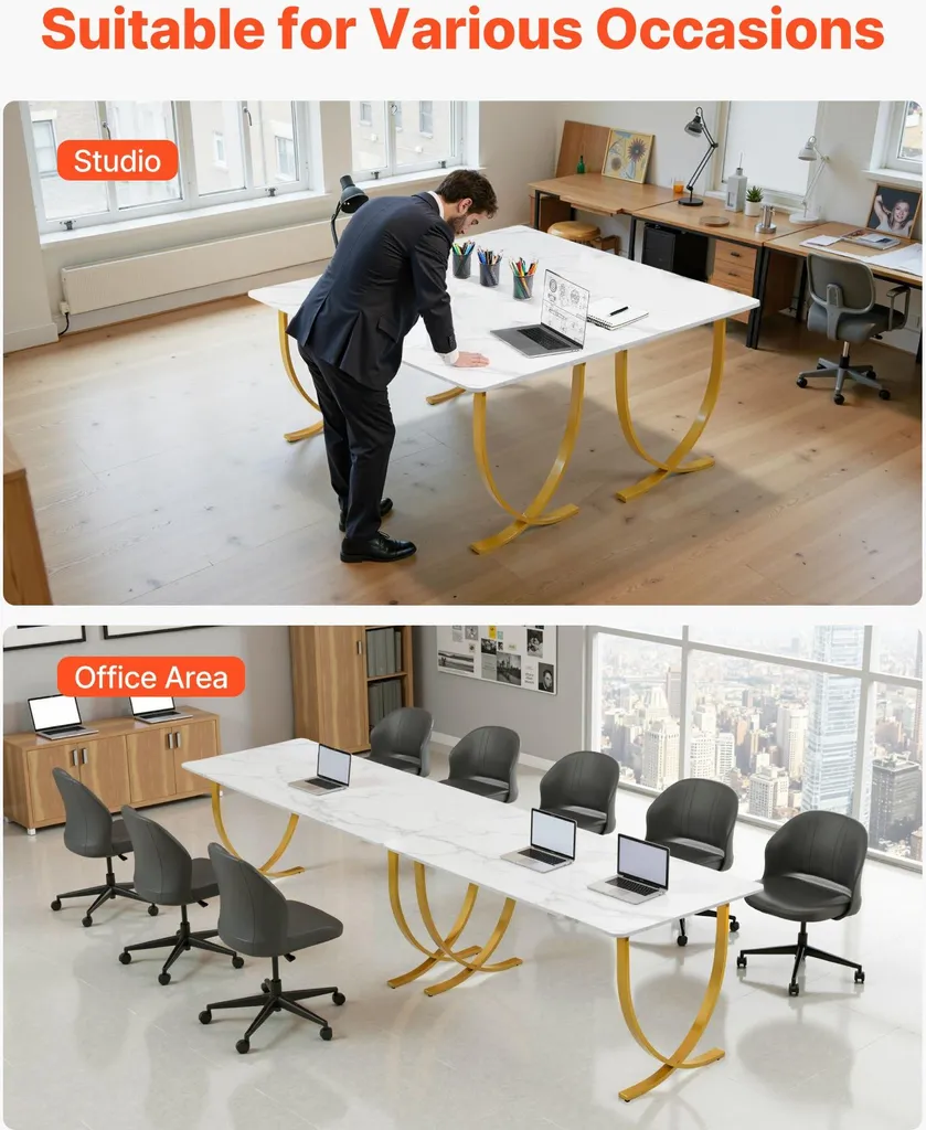 Bureau informatique blanc et or 160x80 cm avec structure robuste en métal