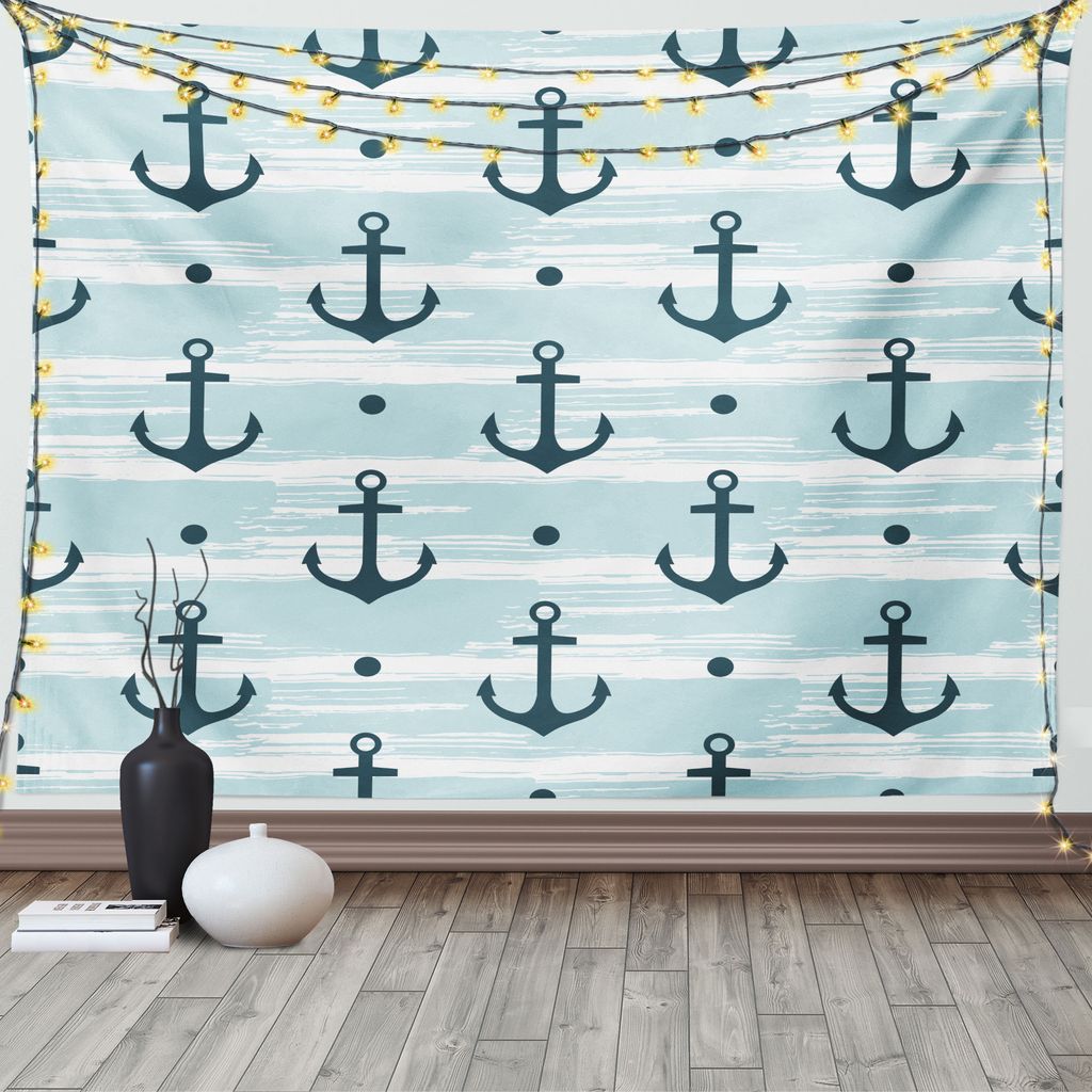 ABAKUHAUS Modern Wandteppich, Muster mit Ankern, Wohnzimmer Schlafzimmer Heim Seidiges Satin Wandteppich, 200 x 150 cm, Dunkelgrün Hellblau