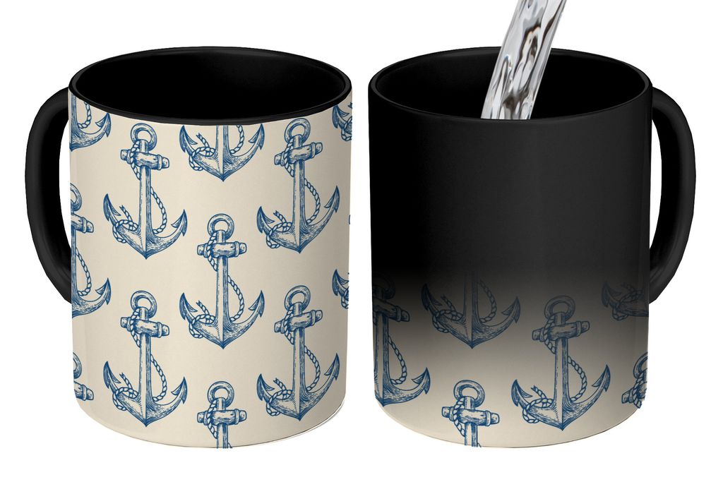 KitchenYeah Zauber Tasse Zaubertasse Magic Vintage - Anker - Strand - Muster 350 ml Farbwechsel Becher Geschenk Geschenkidee - Magic-Tasse - Foto...