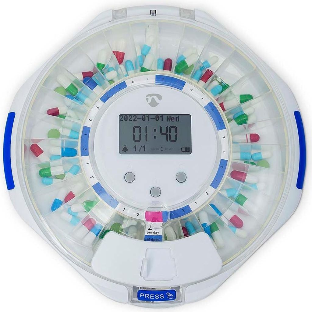 Nedis SmartLife Pillenspender / Wi-Fi / 28 Fächer / Anzahl der Alarmzeiten: 9 Weckzeiten pro Tag / Licht / Piep / Stimme / LCD-Anzeige / Weiss