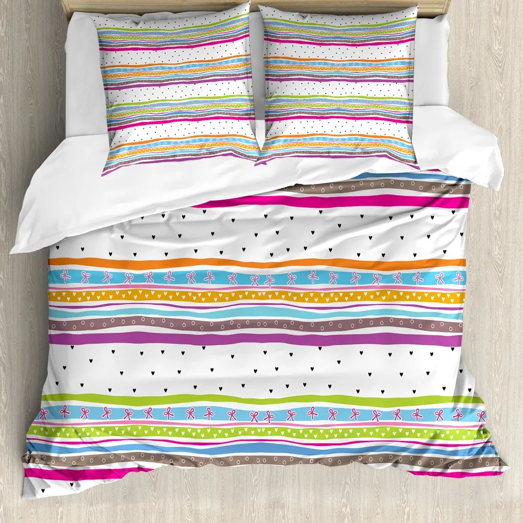 ABAKUHAUS Copripiumino a righe, cuori e pois, adatto a chi soffre di allergie, con federe, 200 cm x 200 cm - 80 x 80 cm, multicolore
